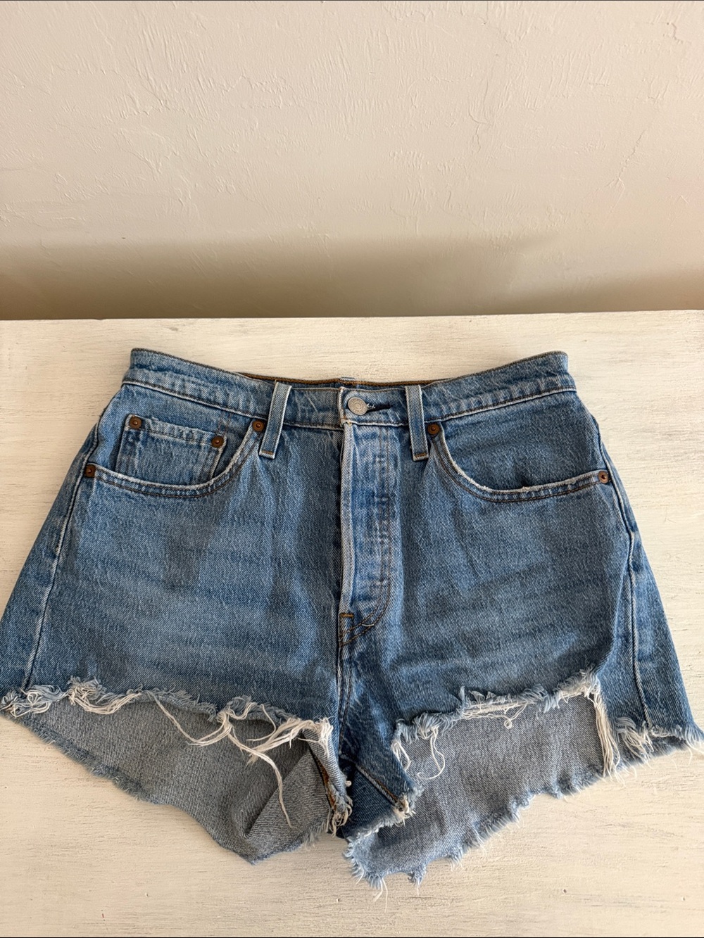 Levi's Light Blue Distressed Buttonfly 501 Denim Cutoffs